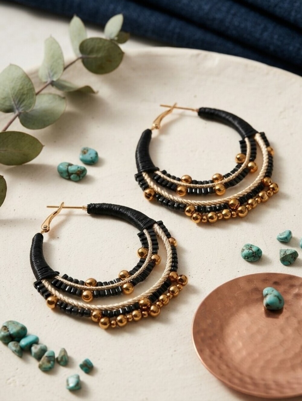 Black and Gold Beaded Hoop Earrings Artisan Handmade Boho Thread Wrapped 2"